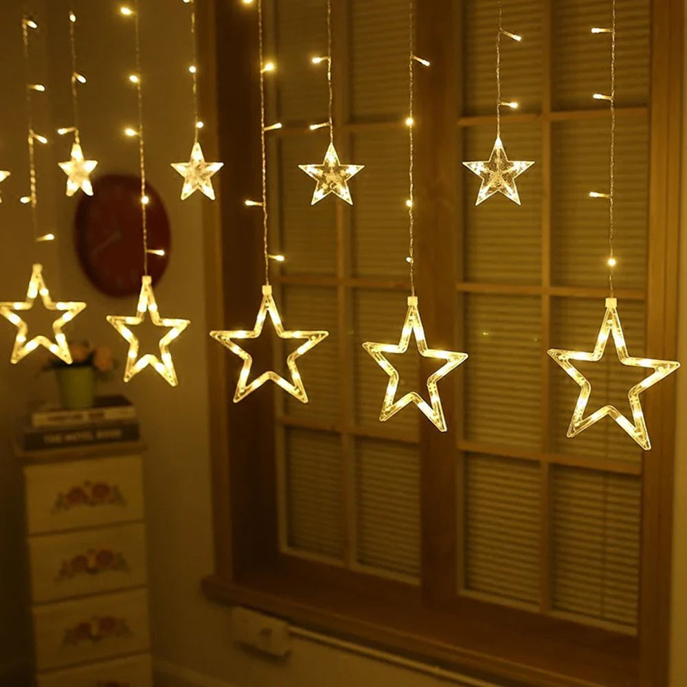 3,5M 138 LEDs Cordão de Luzes Estilo Gelo com Estrelas – Cortina de Luzes Fadas para Natal, Casamento, Casa, Festa de Aniversário e Decoração