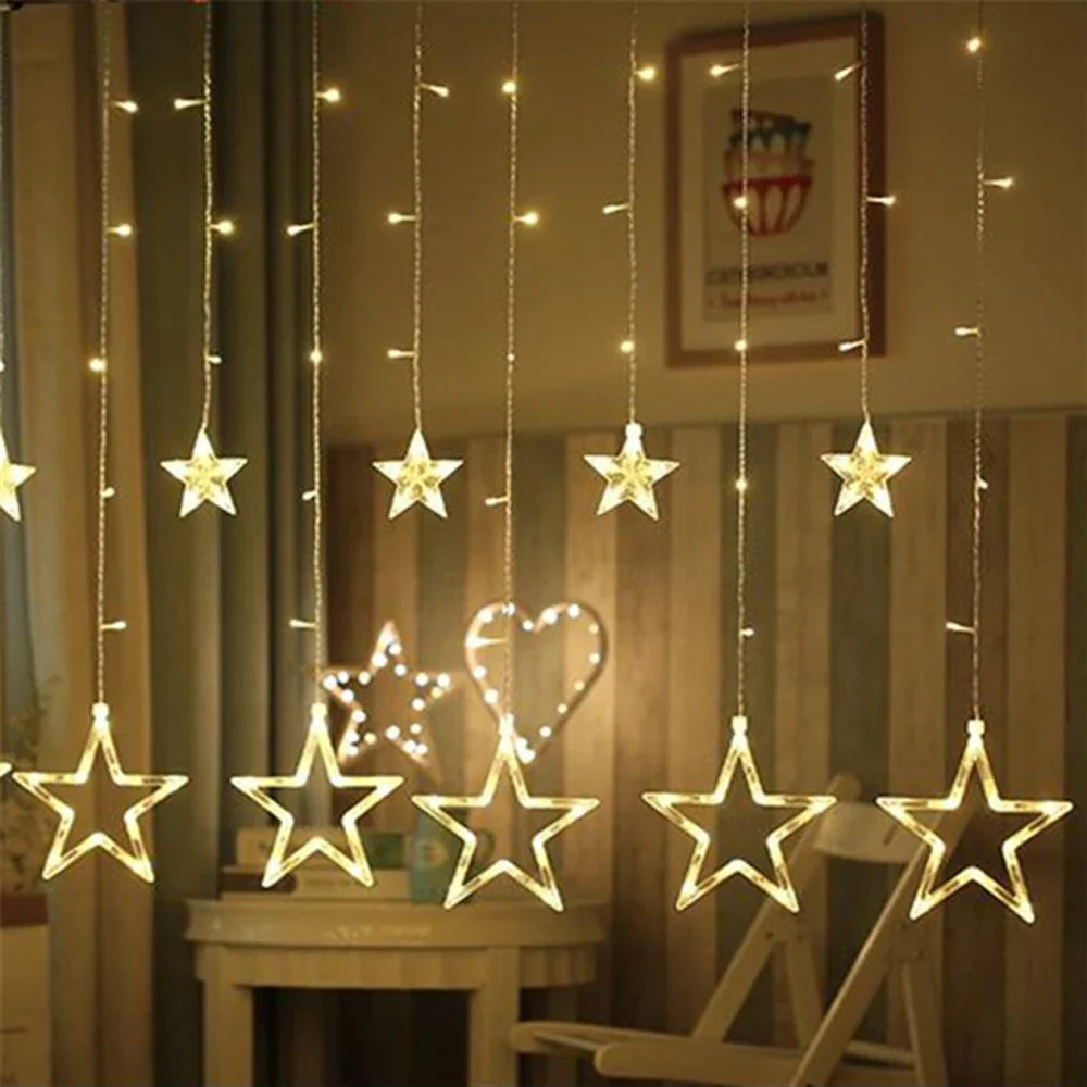 3,5M 138 LEDs Cordão de Luzes Estilo Gelo com Estrelas – Cortina de Luzes Fadas para Natal, Casamento, Casa, Festa de Aniversário e Decoração