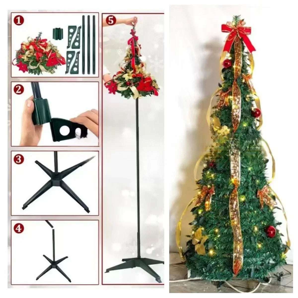 Para árvore de natal dobrável dobrável, fácil instalação, puxar para cima com decorações, luzes quentes, instalada rapidamente
