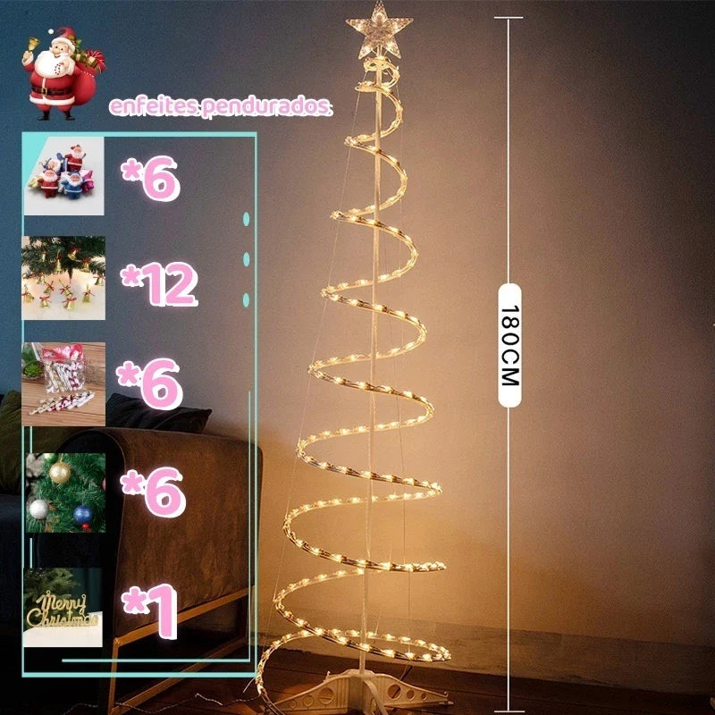 Árvore de Natal dobrável iluminada por LED1,8M Papai Noel bengala e outras decorações suspensas-N10